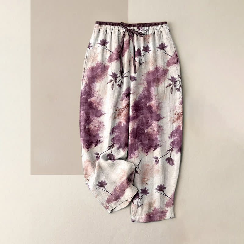 Buddha Stones Ink Wash Painting Floral Elastic Drawstring Women's Pure Cotton Pants With Pockets - PaleVioletRed - US16,UK/AU20,EU48 (3XL) - image 6