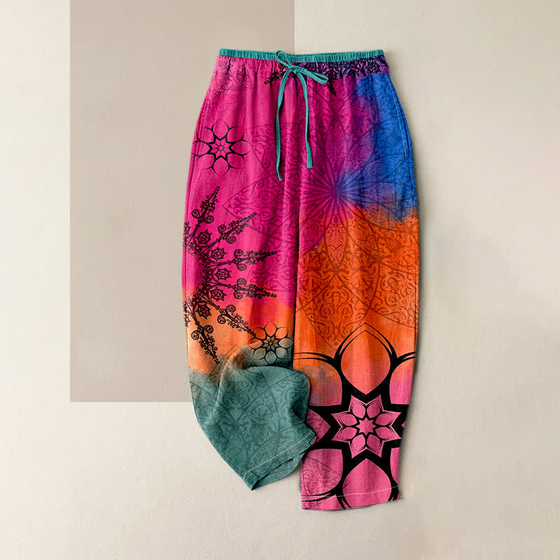 Buddha Stones Cotton Print Gradient Mandala Elastic Waist Women's Pants With Pockets - DeepPink - US16,UK/AU20,EU48 (3XL) - image 3