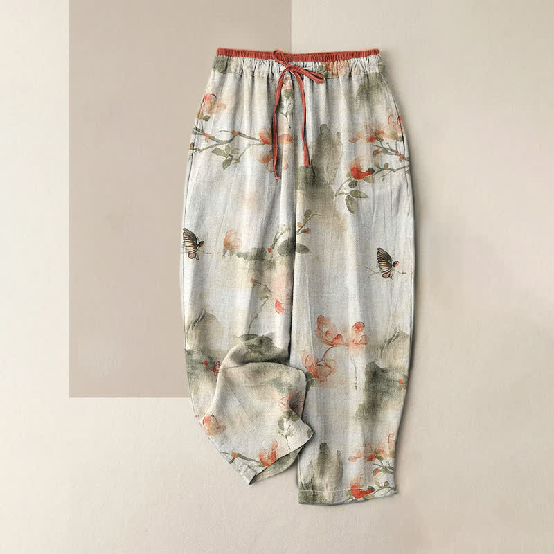 Buddha Stones Pure Cotton Butterfly Flowers Pattern Print Women's Pants With Pockets - Linen - US16,UK/AU20,EU48 (3XL) - image 0