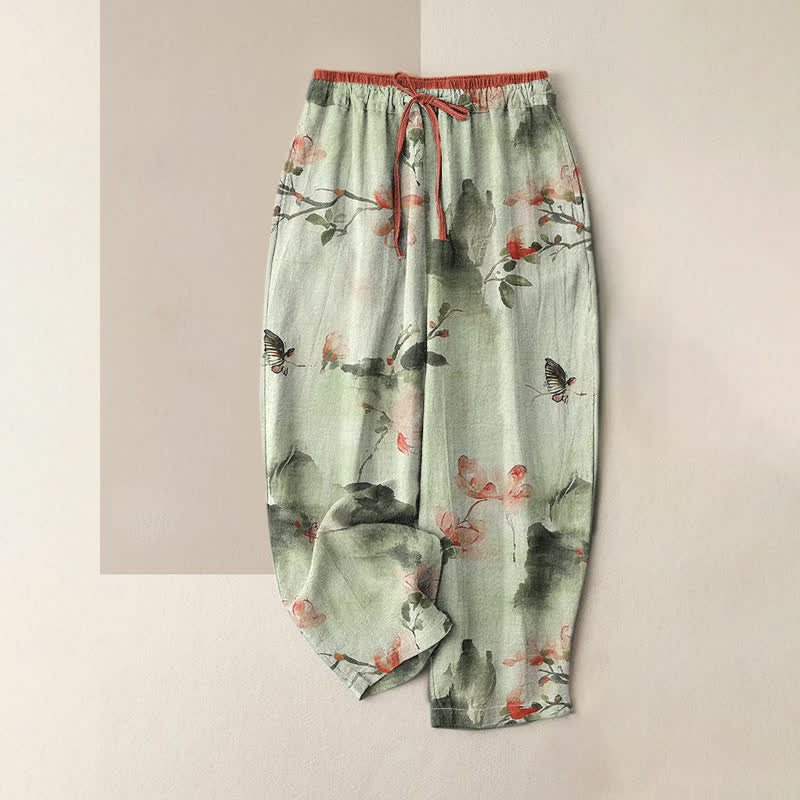 Buddha Stones Pure Cotton Butterfly Flowers Pattern Print Women's Pants With Pockets - Honeydew - US16,UK/AU20,EU48 (3XL) - image 3