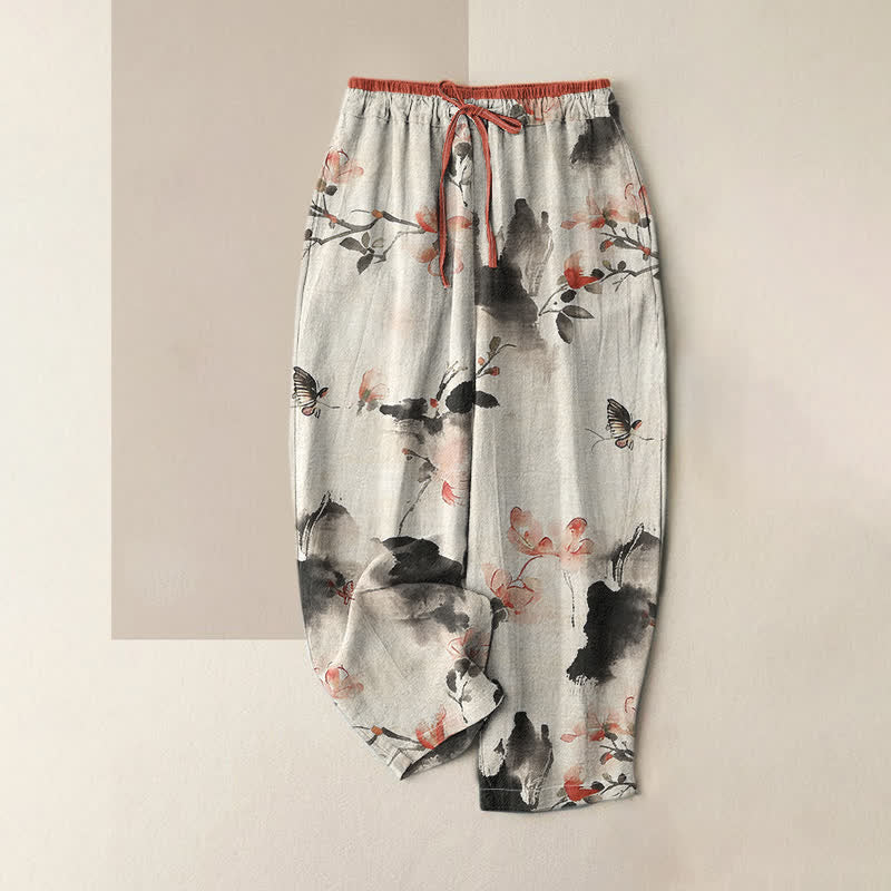 Buddha Stones Pure Cotton Butterfly Flowers Pattern Print Women's Pants With Pockets - Gainsboro - US16,UK/AU20,EU48 (3XL) - image 6