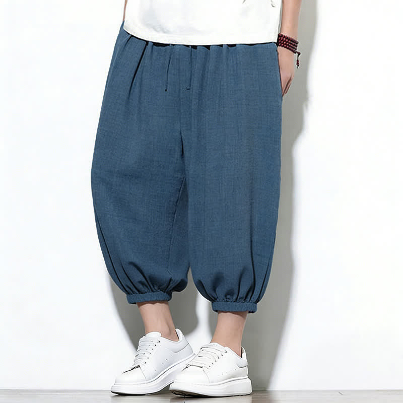 Buddha Stones Spring Solid Color Drawstring Elastic Design Men's Harem Capri Pants - image 40