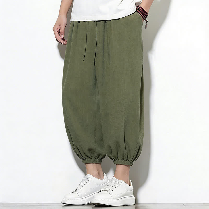 Buddha Stones Spring Solid Color Drawstring Elastic Design Men's Harem Capri Pants - DarkOliveGreen - US/UK/AU46,EU56 (5XL) - image 0