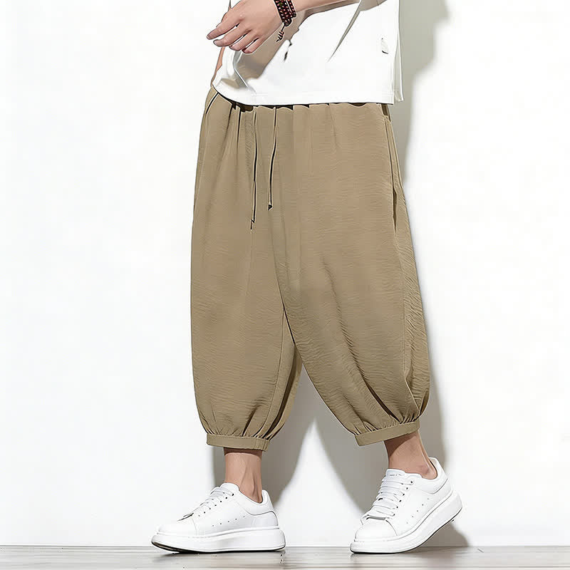 Buddha Stones Spring Solid Color Drawstring Elastic Design Men's Harem Capri Pants - Tan - US/UK/AU46,EU56 (5XL) - image 28