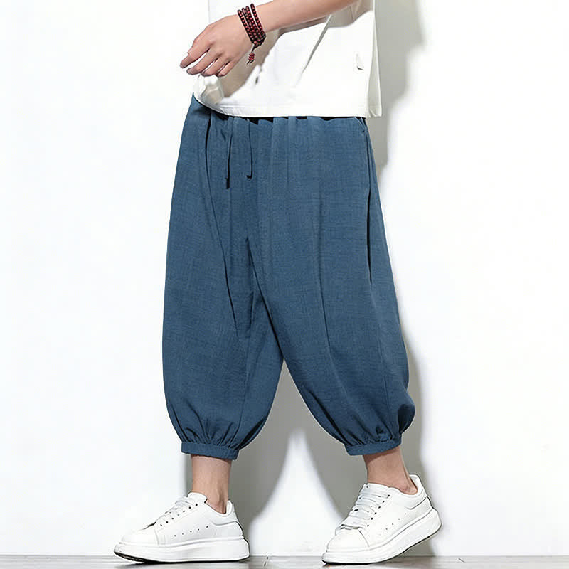 Buddha Stones Spring Solid Color Drawstring Elastic Design Men's Harem Capri Pants - SteelBlue - US/UK/AU46,EU56 (5XL) - image 37