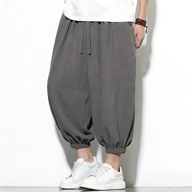 Buddha Stones Spring Solid Color Drawstring Elastic Design Men's Harem Capri Pants - DimGray - US/UK/AU46,EU56 (5XL) - image 9
