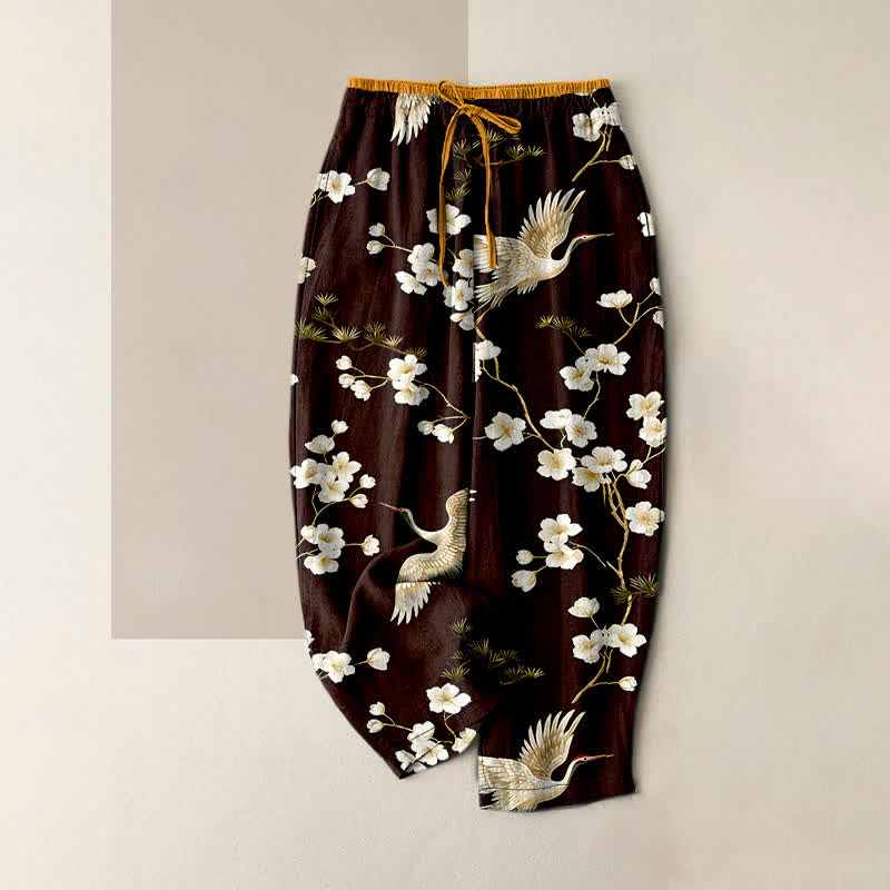 Buddha Stones Pure Cotton Crane Plum Blossom Elastic Waist Women's Pants With Pockets - Maroon - US16,UK/AU20,EU48 (3XL) - image 4