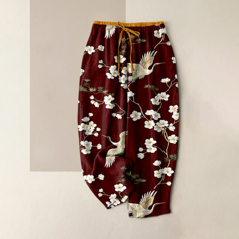 Buddha Stones Pure Cotton Crane Plum Blossom Elastic Waist Women's Pants With Pockets - SaddleBrown - US16,UK/AU20,EU48 (3XL) - image 8