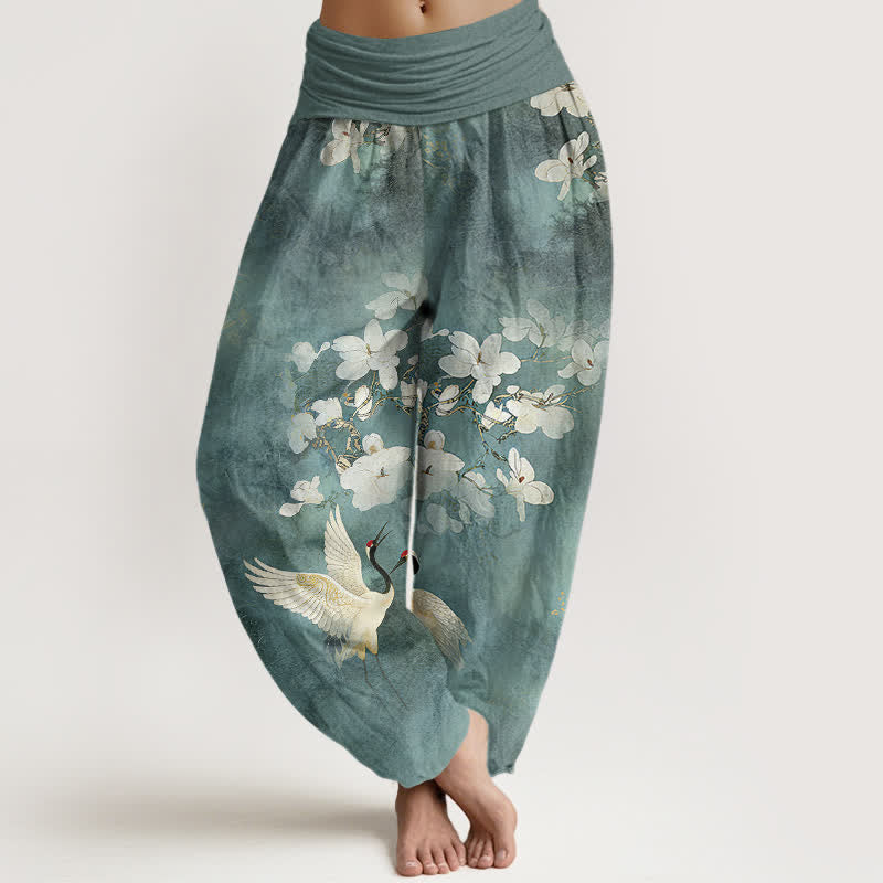 Buddha Stones Crane Blooming Flowers High Waist Women's Harem Pure Cotton Pants - CadetBlue - US16,UK/AU20,EU48 (3XL) - image 0