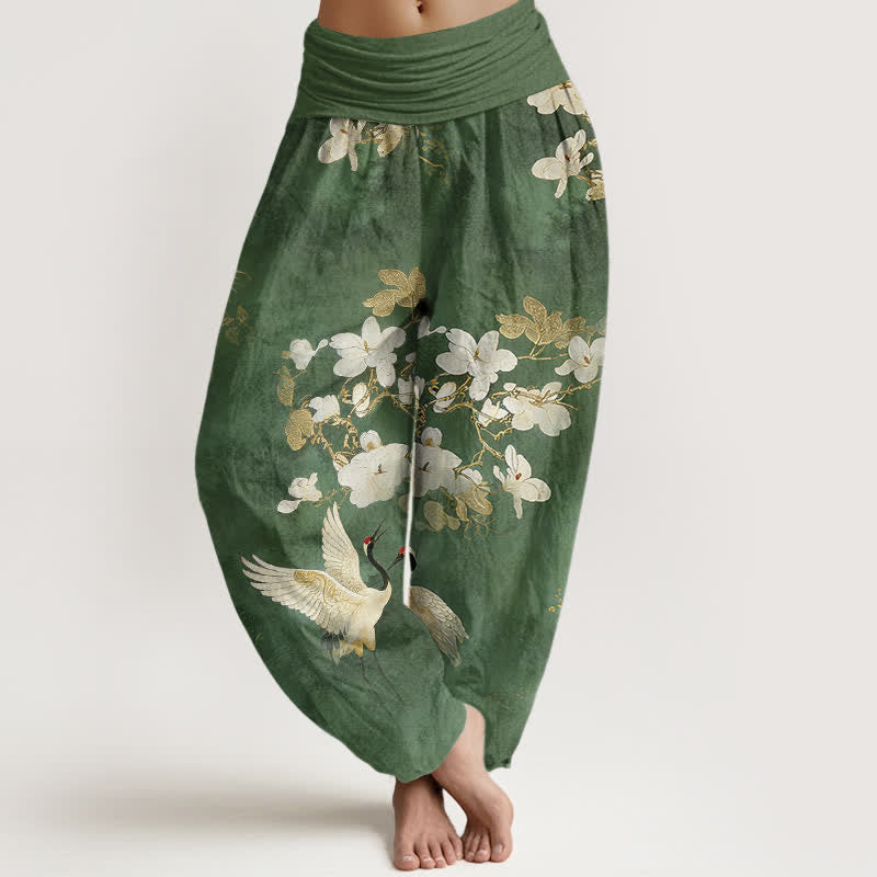 Buddha Stones Crane Blooming Flowers High Waist Women's Harem Pure Cotton Pants - DarkGreen - US16,UK/AU20,EU48 (3XL) - image 5