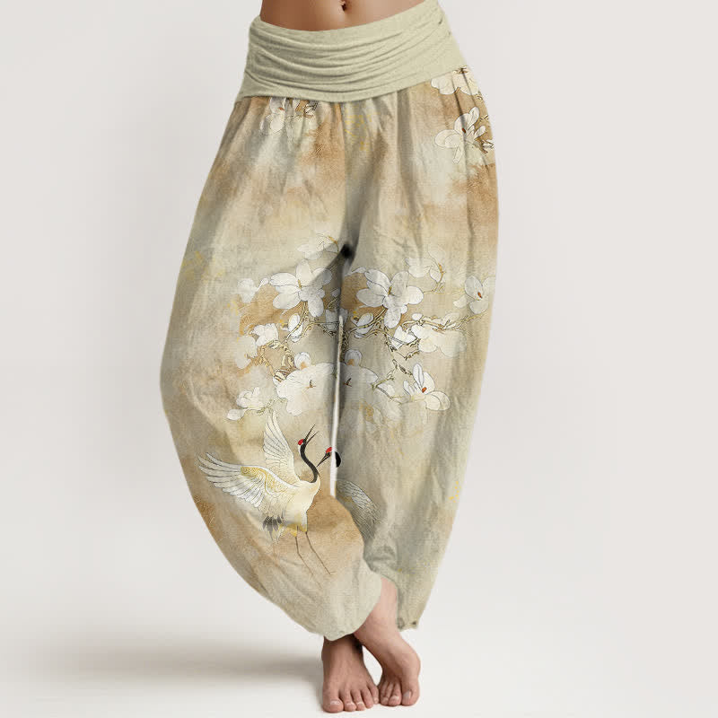Buddha Stones Crane Blooming Flowers High Waist Women's Harem Pure Cotton Pants - LemonChiffon - US16,UK/AU20,EU48 (3XL) - image 8