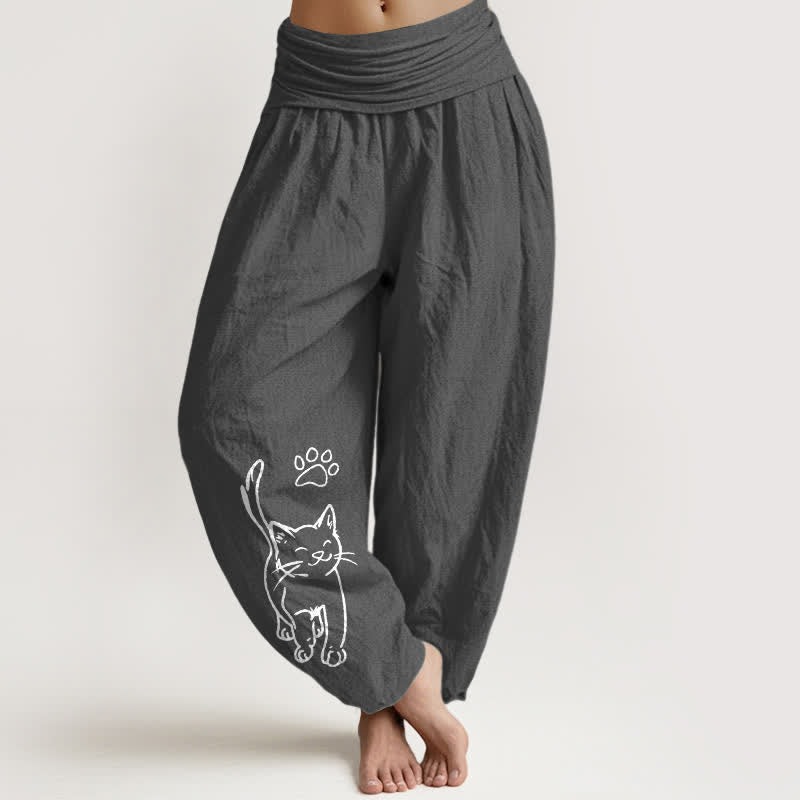 Buddha Stones Pure Cotton Cute Cat Print Women's Harem Elastic Waist Pants - DimGray - US16,UK/AU20,EU48 (3XL) - image 0