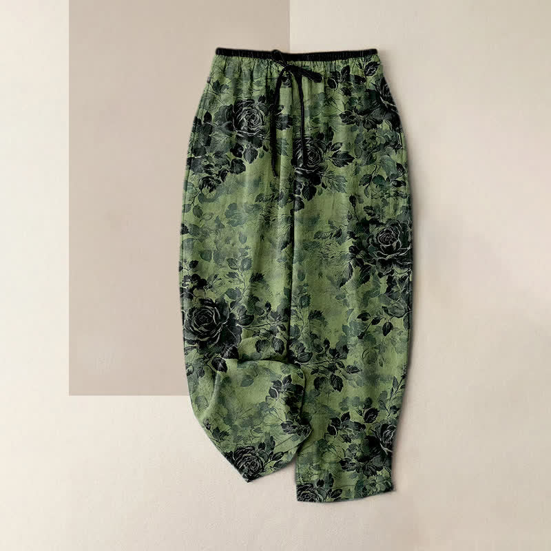Buddha Stones Pure Cotton Rose Pattern Elastic Waist Drawstring Women's Pants With Pockets - MediumSeaGreen - US16,UK/AU20,EU48 (3XL) - image 0