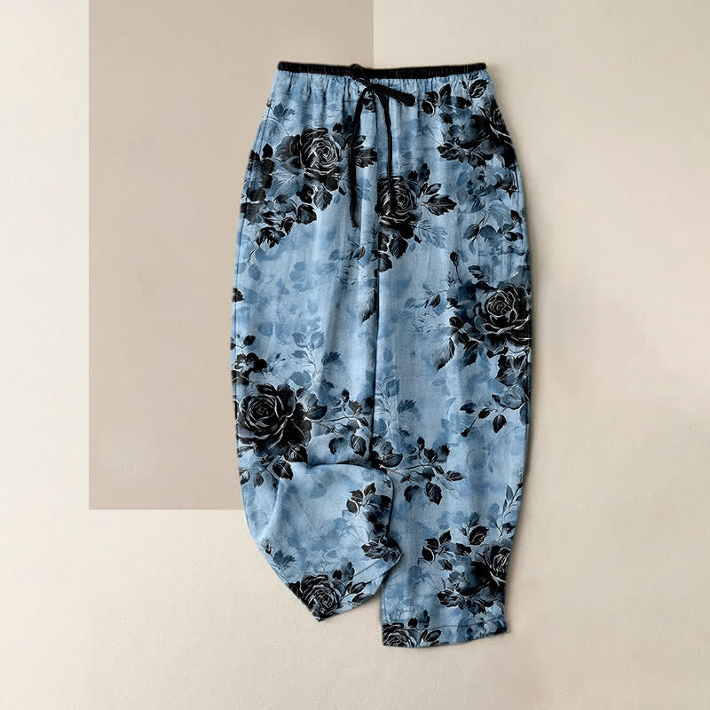 Buddha Stones Pure Cotton Rose Pattern Elastic Waist Drawstring Women's Pants With Pockets - LightSkyBlue - US16,UK/AU20,EU48 (3XL) - image 4