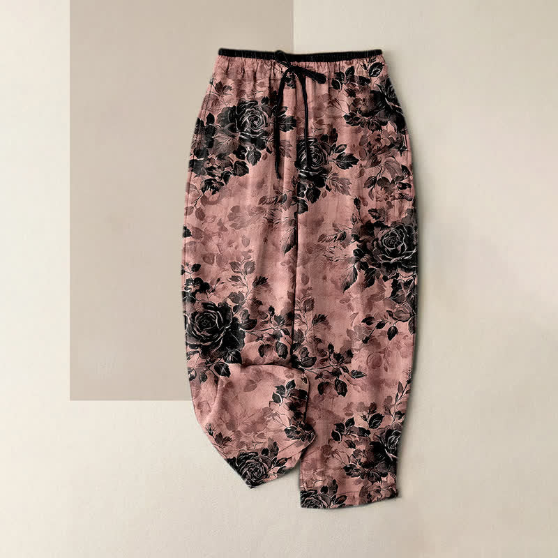 Buddha Stones Pure Cotton Rose Pattern Elastic Waist Drawstring Women's Pants With Pockets - LightCoral - US16,UK/AU20,EU48 (3XL) - image 8