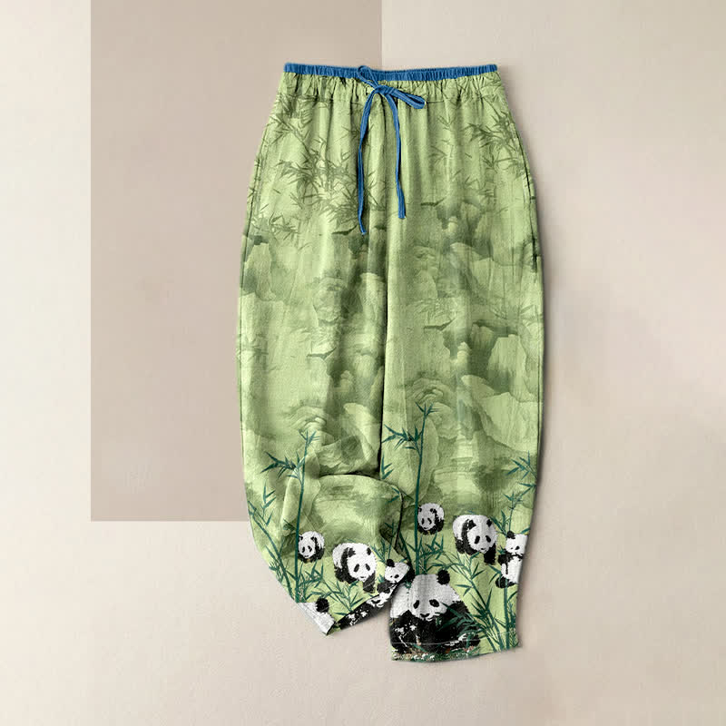 Buddha Stones Cotton Pandas Bamboo Print Elastic Waist Women's Pants With Pockets - PaleGreen - US16,UK/AU20,EU48 (3XL) - image 0