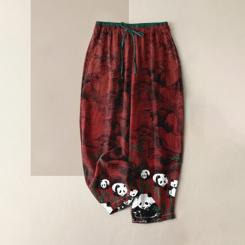 Buddha Stones Cotton Pandas Bamboo Print Elastic Waist Women's Pants With Pockets - Maroon - US16,UK/AU20,EU48 (3XL) - image 3