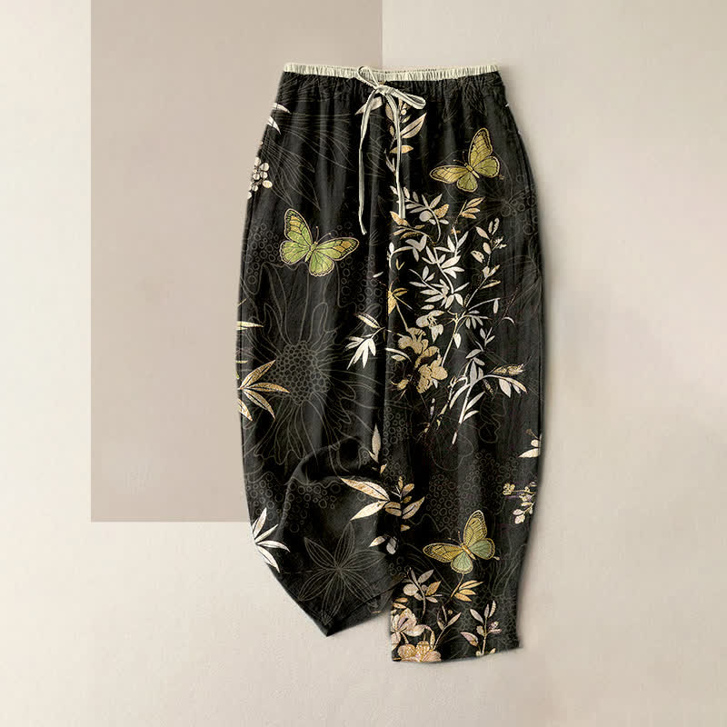 Buddha Stones Pure Cotton Butterfly leaves Flowers Pattern Drawstring Colorful Women's Pants With Pockets - Black - US16,UK/AU20,EU48 (3XL) - image 0