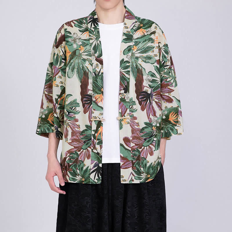 Buddha Stones Summer Tropical Leaf Print Linen Blend Men's Short Sleeve Kimono - Ivory - US/UK/AU46,EU56 (5XL) - image 4
