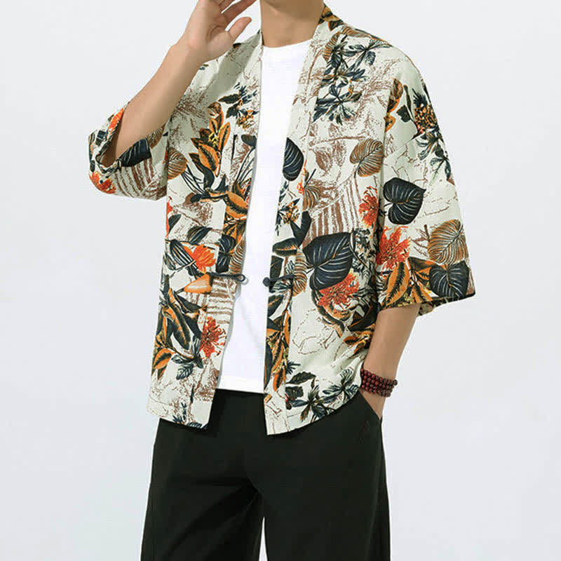 Buddha Stones Summer Tropical Leaf Print Linen Blend Men's Short Sleeve Kimono - image 2