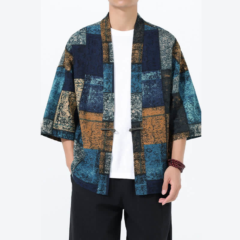 Buddha Stones Summer Tropical Leaf Print Linen Blend Men's Short Sleeve Kimono - CadetBlue - US/UK/AU46,EU56 (5XL) - image 7