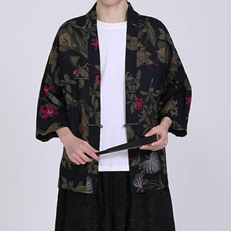 Buddha Stones Summer Tropical Leaf Print Linen Blend Men's Short Sleeve Kimono - image 13