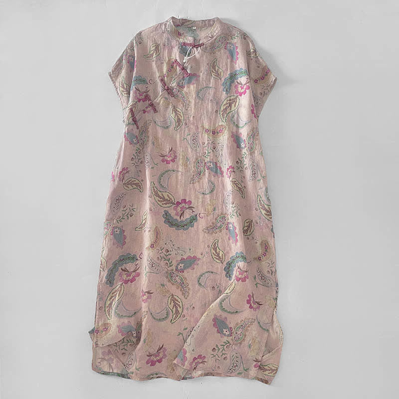 Buddha Stones Summer Vintage Paisley Floral Mandarin Collar Women's Short Sleeve Dresses With Pockets - MistyRose - US14,UK/AU18,EU46 (2XL) - image 0