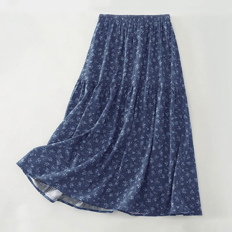 Buddha Stones Floral Elastic Waist Ruffle Hem Women's Skirt - SteelBlue - US8-10,UK/AU12-14,EU40-42 (2XL) - image 0