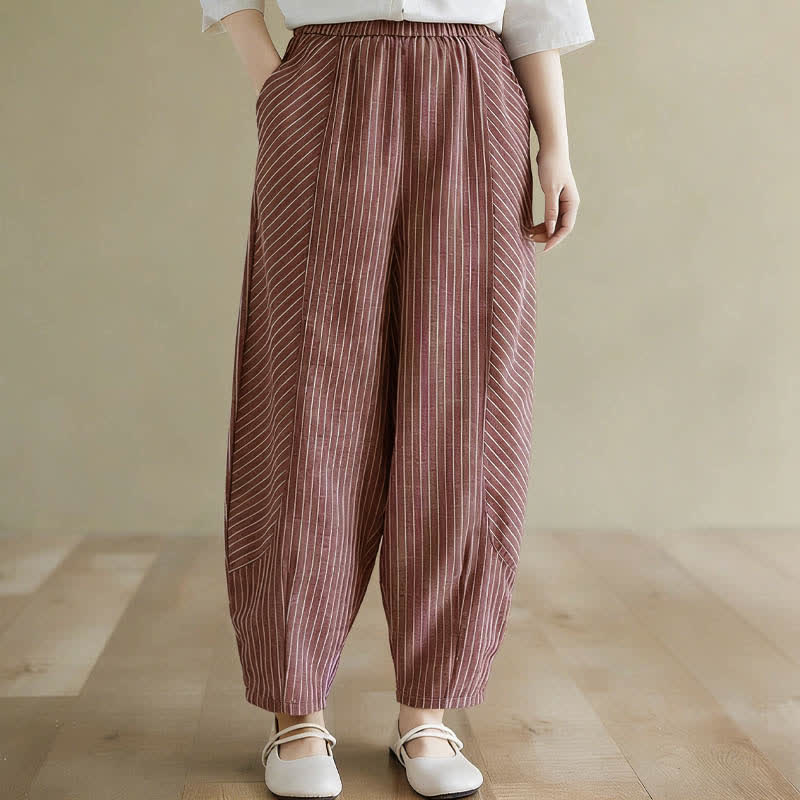 Buddha Stones Summer Casual Striped Linen Cotton Women's Tapered Pants With Pockets - IndianRed - US8-10,UK/AU12-14,EU40-42 (2XL) - image 10