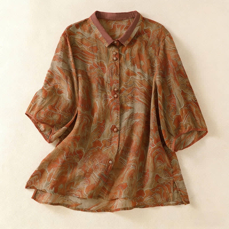 Buddha Stones Summer Floral Print Button Up Mandarin Collar Chiffon Women's Elbow-Length Sleeve Shirt - Peru - US8-10,UK/AU12-14,EU40-42 (2XL) - image 8