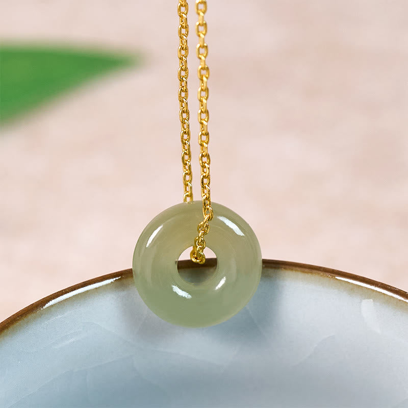 Buddha Stones Natural Green Jade Peace Buckle Prosperity Necklace Pendant - Natural Jade(Color May Vary) - Golden Copper Chain - image 0