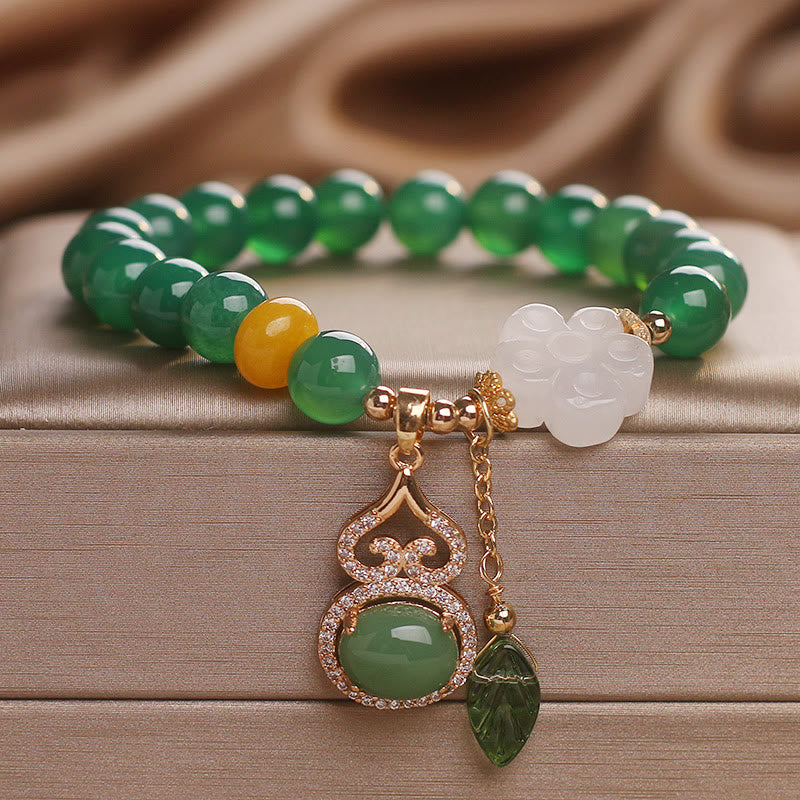 Buddha Stones Green Agate White Jade Flower Gourd Leaf Charm Support Bracelet - image 8