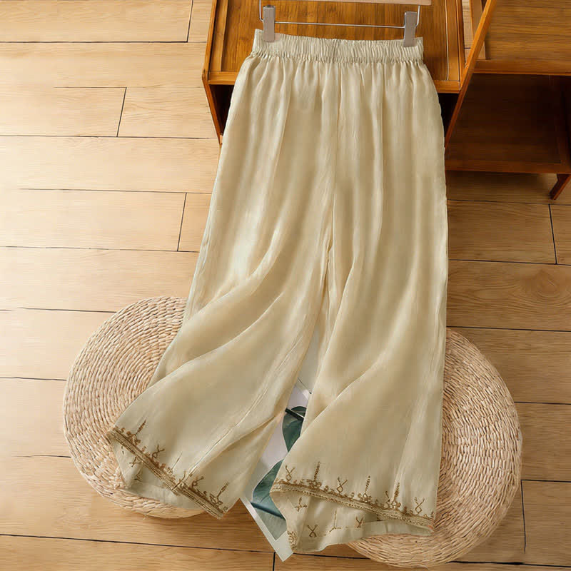 Buddha Stones Summer Boho Embroidery Solid Women's Wide Leg Pants With Pockets - BlanchedAlmond - US8-10,UK/AU12-14,EU40-42 (2XL) - image 15