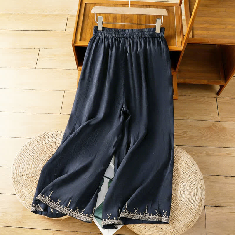 Buddha Stones Summer Boho Embroidery Solid Women's Wide Leg Pants With Pockets - MidnightBlue - US8-10,UK/AU12-14,EU40-42 (2XL) - image 0