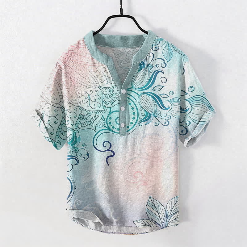 Buddha Stones Cotton Mandala Floral Emblem Men's Short Sleeve Half Button Shirt - MediumTurquoise - US/UK/AU50,EU60 (5XL) - image 0