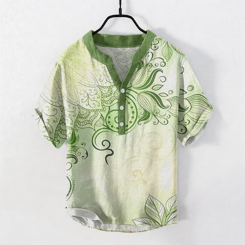 Buddha Stones Cotton Mandala Floral Emblem Men's Short Sleeve Half Button Shirt - YellowGreen - US/UK/AU50,EU60 (5XL) - image 3