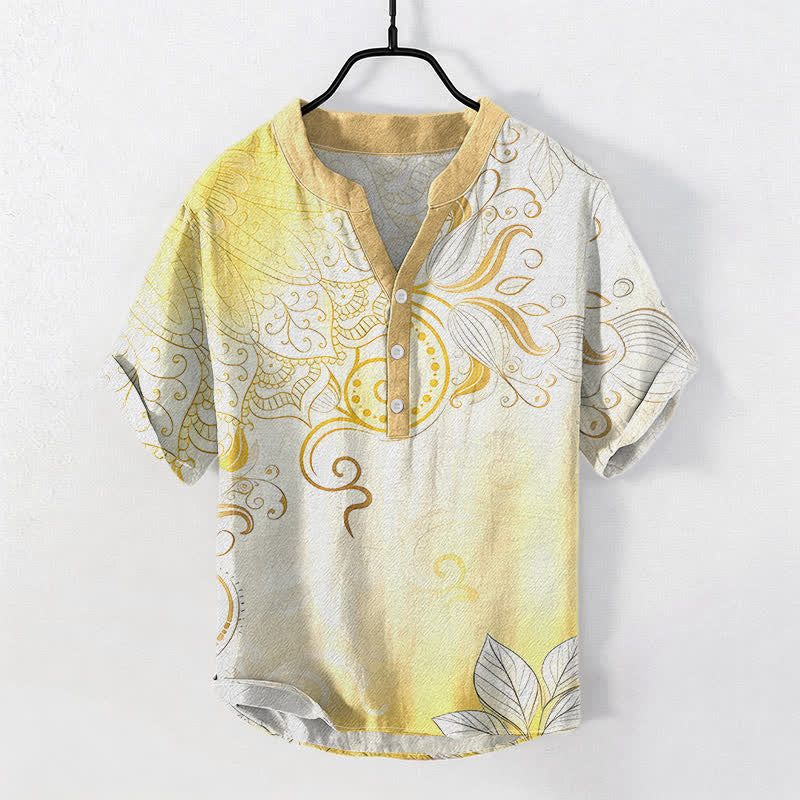 Buddha Stones Cotton Mandala Floral Emblem Men's Short Sleeve Half Button Shirt - Khaki - US/UK/AU50,EU60 (5XL) - image 5