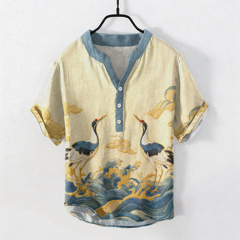 Buddha Stones Cotton Crane Wave Emblem Men's Short Sleeve Half Button Shirt - LightGoldenrodYellow - US/UK/AU50,EU60 (5XL) - image 0