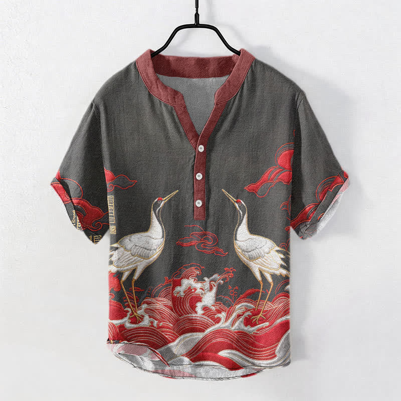 Buddha Stones Cotton Crane Wave Emblem Men's Short Sleeve Half Button Shirt - Black - US/UK/AU50,EU60 (5XL) - image 4