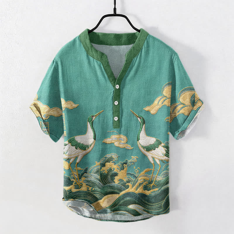Buddha Stones Cotton Crane Wave Emblem Men's Short Sleeve Half Button Shirt - MediumTurquoise - US/UK/AU50,EU60 (5XL) - image 6
