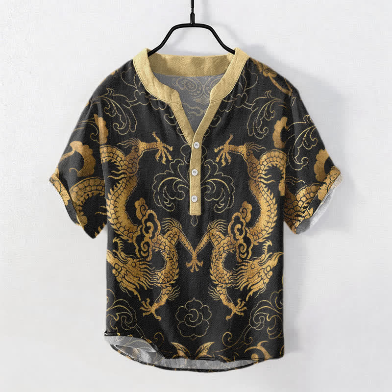 Buddha Stones Cotton Dragon Cloud Emblem Men's Short Sleeve Half Button Shirt - Gold - US/UK/AU50,EU60 (5XL) - image 0