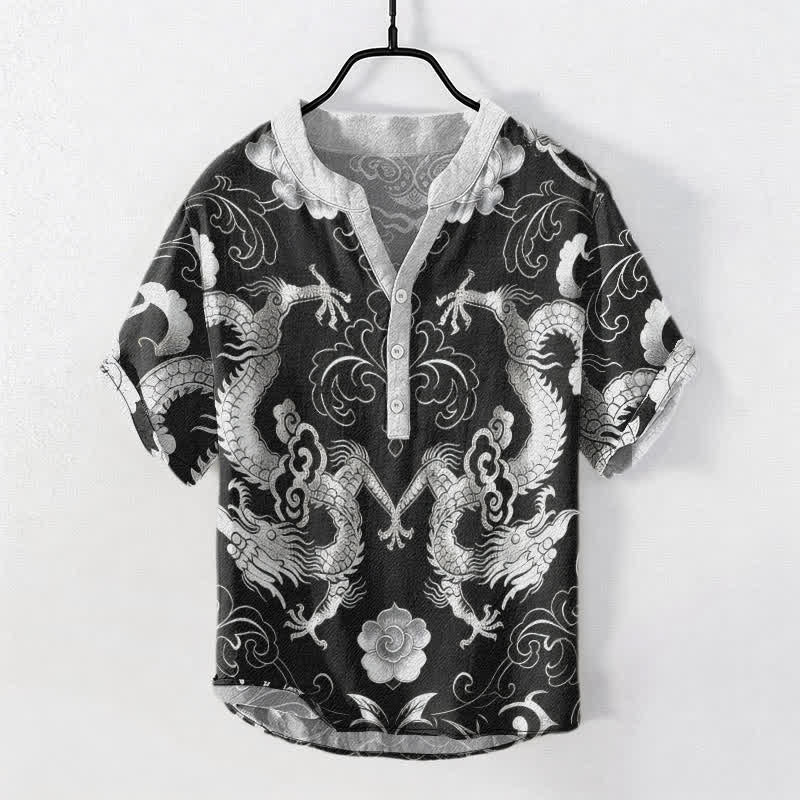 Buddha Stones Cotton Dragon Cloud Emblem Men's Short Sleeve Half Button Shirt - DarkGray - US/UK/AU50,EU60 (5XL) - image 7