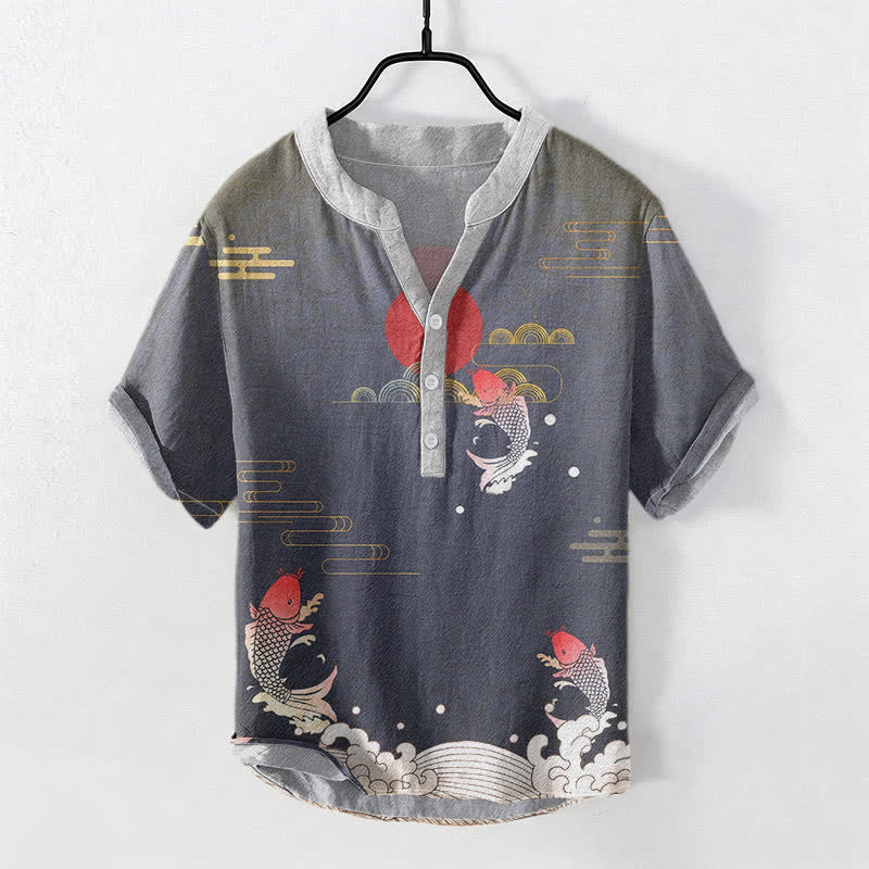 Buddha Stones Cotton Koi Fish Red Sun Cloud Emblem Men's Short Sleeve Half Button Shirt - DimGray - US/UK/AU50,EU60 (5XL) - image 0