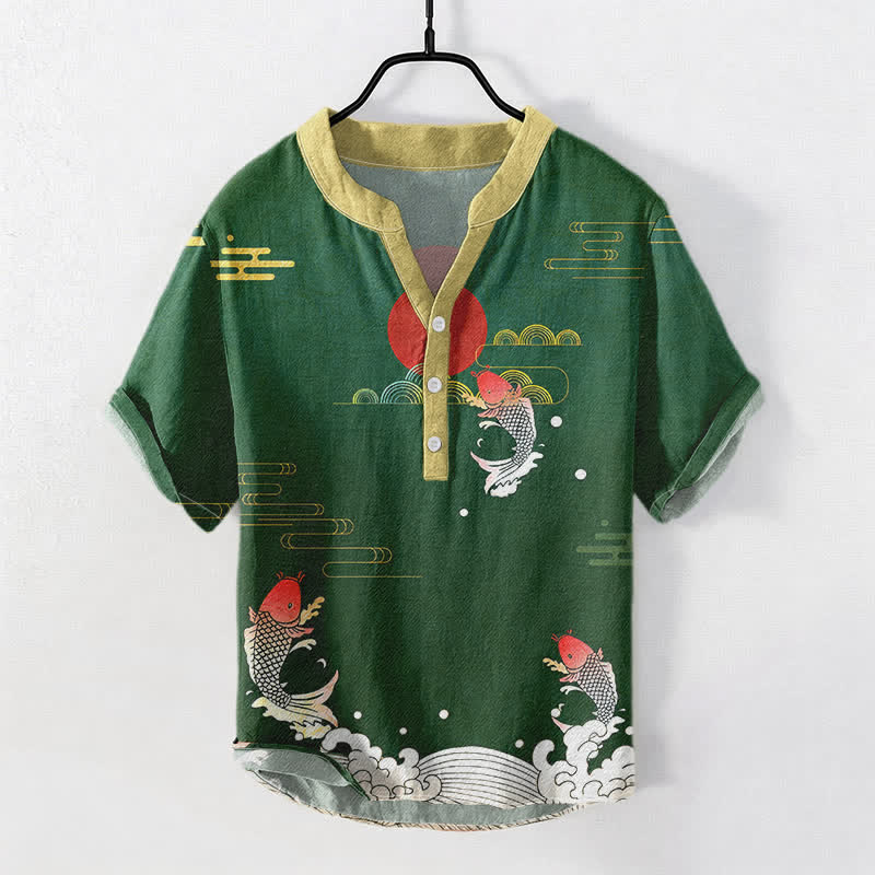 Buddha Stones Cotton Koi Fish Red Sun Cloud Emblem Men's Short Sleeve Half Button Shirt - DarkGreen - US/UK/AU50,EU60 (5XL) - image 3