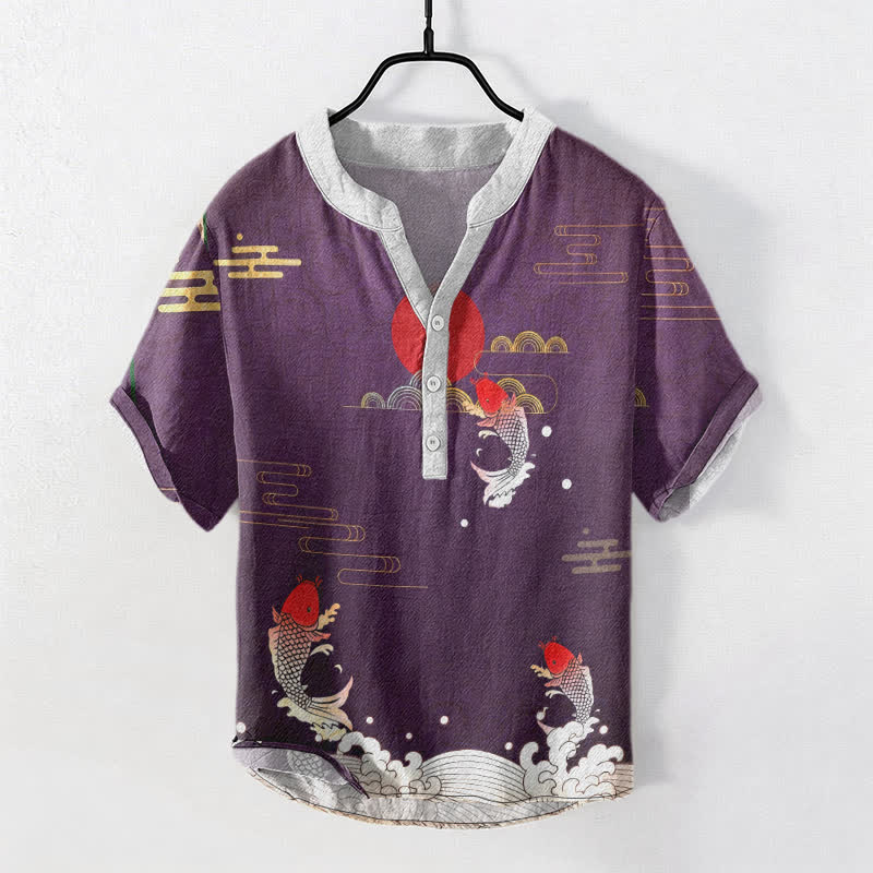 Buddha Stones Cotton Koi Fish Red Sun Cloud Emblem Men's Short Sleeve Half Button Shirt - DarkOrchid - US/UK/AU50,EU60 (5XL) - image 5