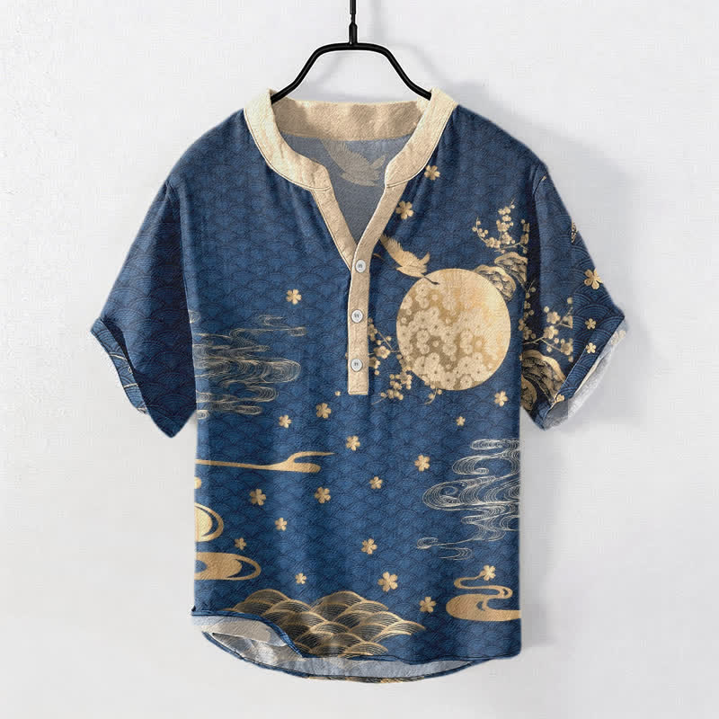 Buddha Stones Cotton Plum Blossom Full Moon Crane Emblem Men's Short Sleeve Half Button Shirt - SteelBlue - US/UK/AU50,EU60 (5XL) - image 0