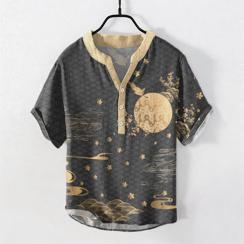Buddha Stones Cotton Plum Blossom Full Moon Crane Emblem Men's Short Sleeve Half Button Shirt - DimGray - US/UK/AU50,EU60 (5XL) - image 5