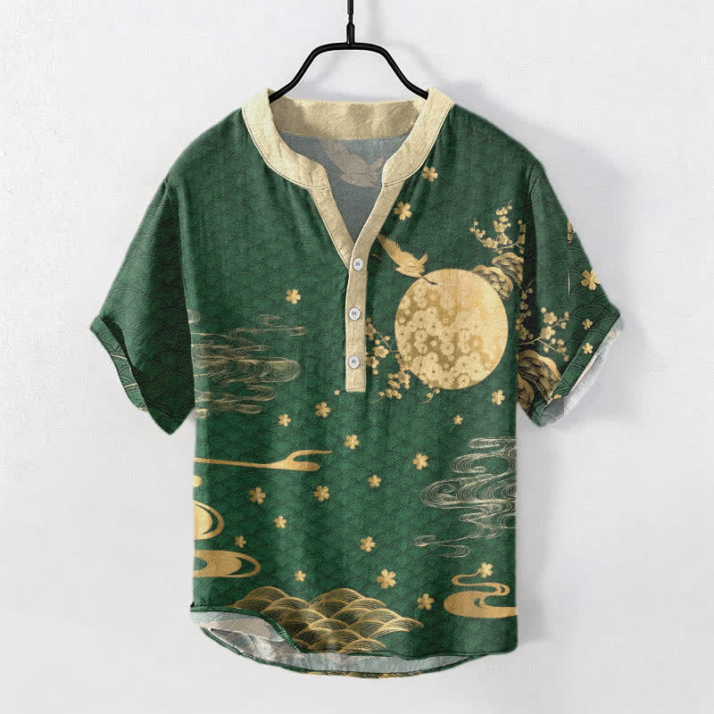 Buddha Stones Cotton Plum Blossom Full Moon Crane Emblem Men's Short Sleeve Half Button Shirt - DarkGreen - US/UK/AU50,EU60 (5XL) - image 7