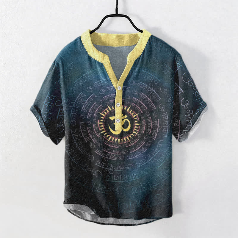 Buddha Stones Cotton Om Mantra Emblem Men's Short Sleeve Half Button Shirt - Teal - US/UK/AU50,EU60 (5XL) - image 0