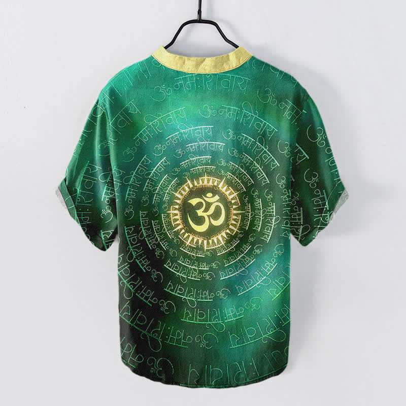 Buddha Stones Cotton Om Mantra Emblem Men's Short Sleeve Half Button Shirt - image 6